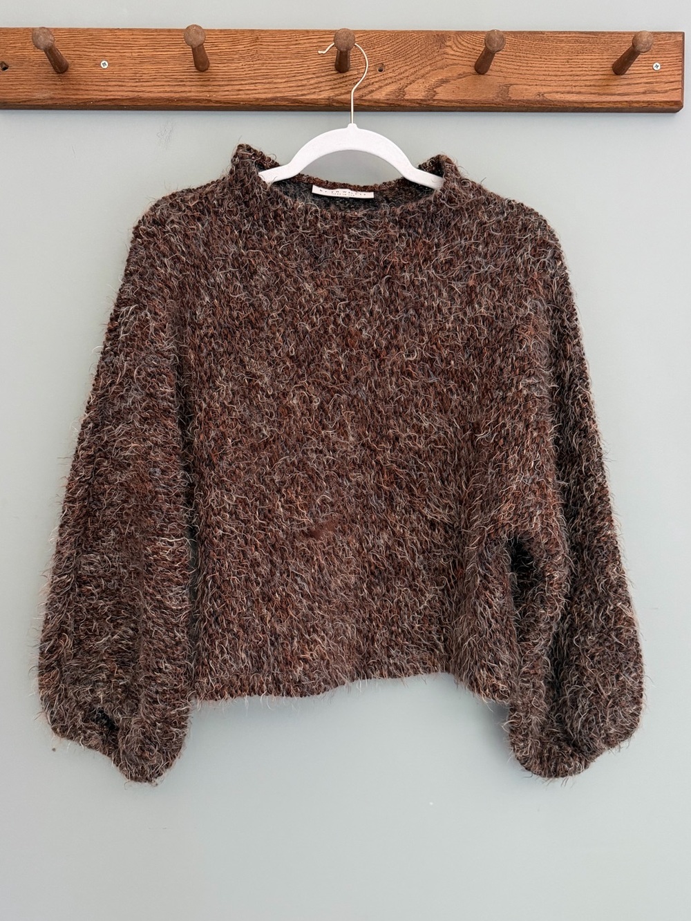 Bryn Walker "Anna" Neutral Brown Fuzzy Wool Blend Mock Neck Cropped Sweater